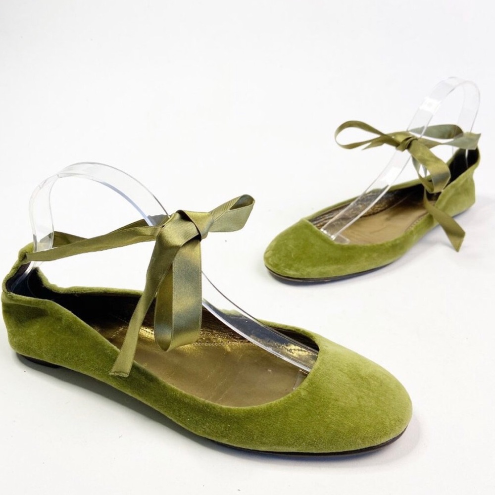 J. Crew Italy Green Velvet Flats Ankle Wrap